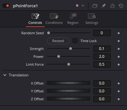 pPointForce — real Resolve Controls Inspector with Random Seed, Strength, Power, Limit Force and Translation X/Y/Z Offset