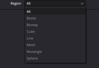 pPointForce — real Resolve Region menu with All, Bezier, Bitmap, Cube, Line, Mesh, Rectangle and Sphere