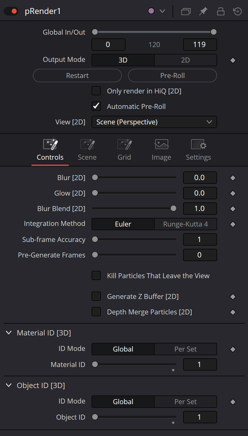 pRender — real Resolve Controls Inspector with Output Mode, Restart, Pre-Roll, HiQ, View, Blur/Glow, Integration Method, Sub-frame Accuracy, Pre-Generate, Z/depth and 3D ID controls