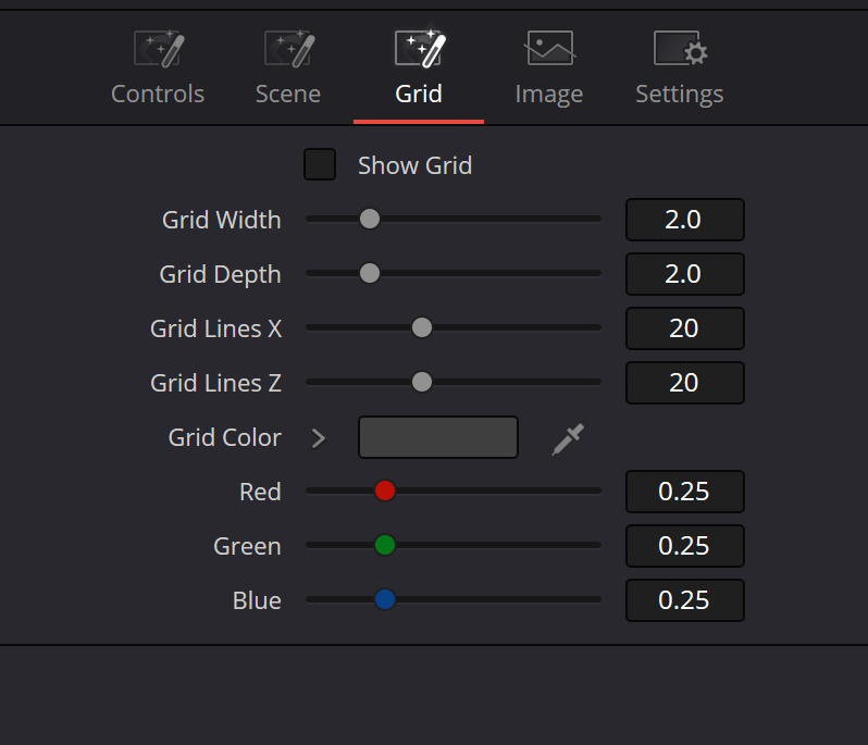 pRender — real Resolve Grid Inspector with Show Grid, width/depth, line counts and Grid Color