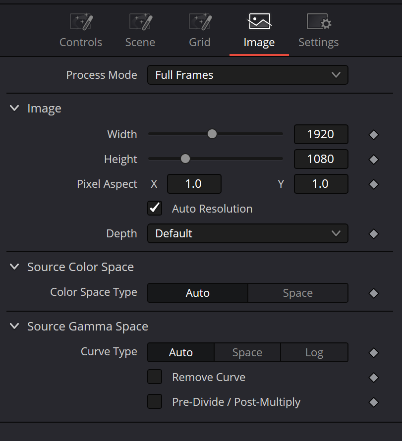 pRender — real Resolve Image Inspector with Process Mode, resolution, Pixel Aspect, Auto Resolution, Depth, Source Color Space and Source Gamma Space