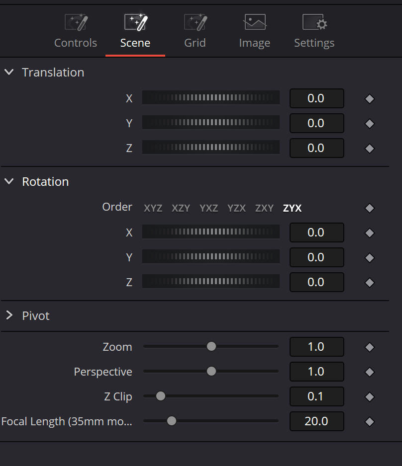 pRender — real Resolve Scene Inspector with Translation, Rotation, Pivot, Zoom, Perspective, Z Clip and Focal Length