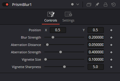 PrismBlur — реальный Resolve Fusion Inspector: Position X/Y, Blur Strength, Aberration Distance/Strength и Vignette Size/Sharpness
