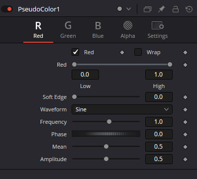 PseudoColor — real Resolve Red tab with Red enable, Wrap, Low, High, Soft Edge, Waveform, Frequency, Phase, Mean and Amplitude