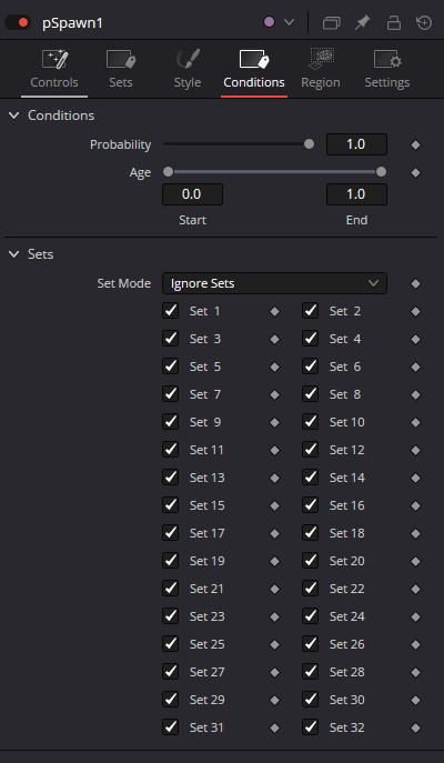 pSpawn — real Resolve Conditions Inspector with Probability, Age and Set 1–32 filters
