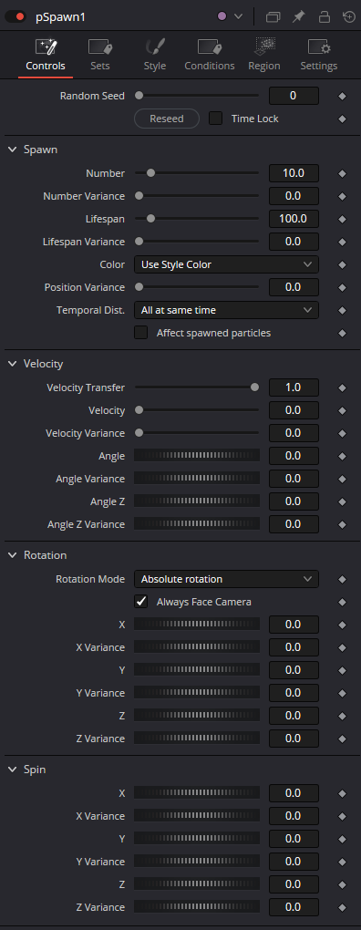 pSpawn — real Resolve Controls Inspector with Random Seed, Number, Lifespan, Color, Position Variance, Temporal Distribution, Affect spawned particles, Velocity Transfer, Velocity, Rotation and Spin