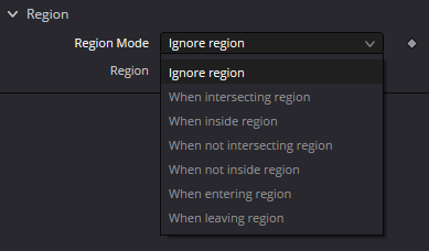 pSpawn — real Resolve Region Mode menu with intersecting, inside, outside, entering and leaving conditions