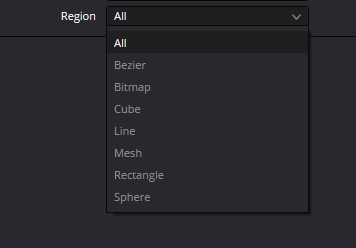 pSpawn — real Resolve Region menu: All, Bezier, Bitmap, Cube, Line, Mesh, Rectangle and Sphere