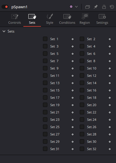 pSpawn — real Resolve Sets tab with Set 1–32 child assignment