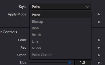 pSpawn — real Resolve Style list: Point, Bitmap, Blob, Brush, Line, NGon and Point Cluster