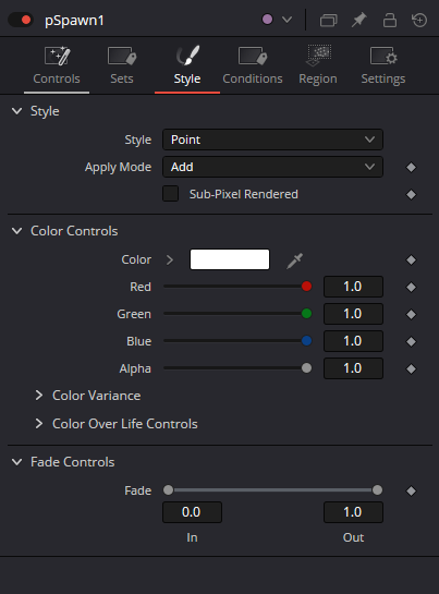 pSpawn — real Resolve Style Inspector with Style, Apply Mode, Sub-Pixel Rendered, Color, Color Variance, Color Over Life and Fade