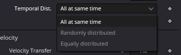 pSpawn — real Resolve Temporal Distribution menu: All at same time, Randomly distributed, Equally distributed