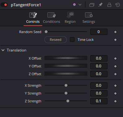pTangentForce — real Resolve Controls Inspector with Random Seed, Time Lock, X/Y/Z Offset and X/Y/Z Strength