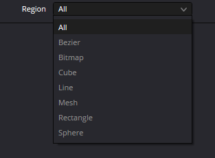 pTangentForce — real Resolve Region menu: All, Bezier, Bitmap, Cube, Line, Mesh, Rectangle and Sphere
