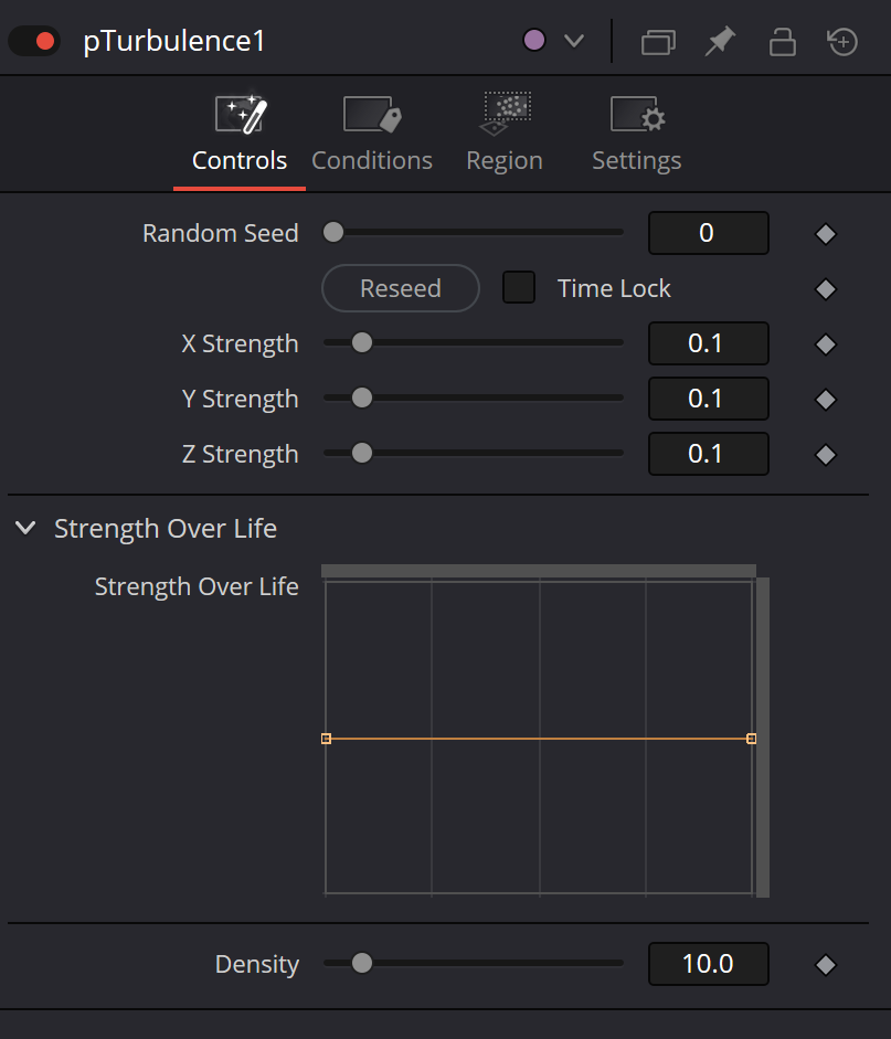 pTurbulence — real Resolve Controls Inspector with Random Seed, Time Lock, X/Y/Z Strength, Strength Over Life and Density