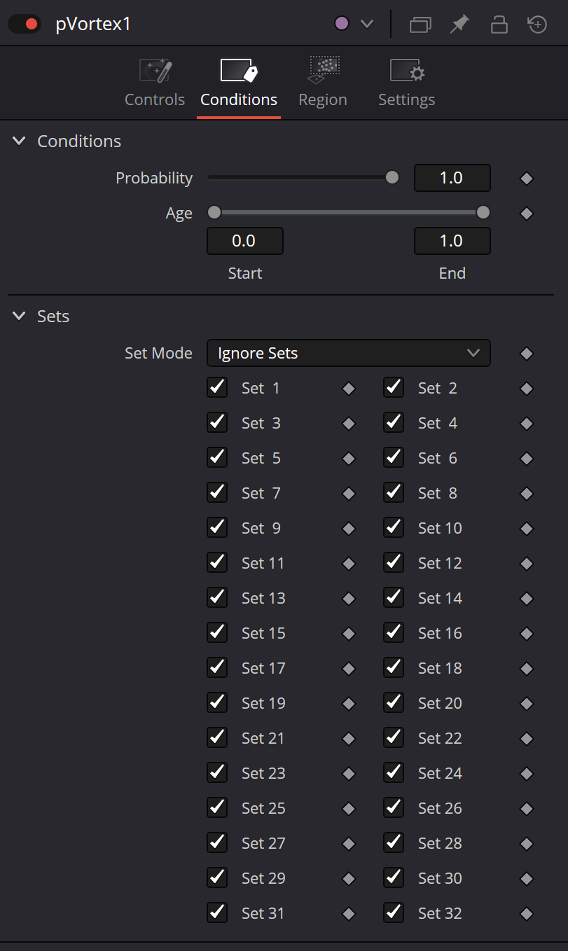 pVortex — real Resolve Conditions Inspector with Probability, Age and Sets 1–32
