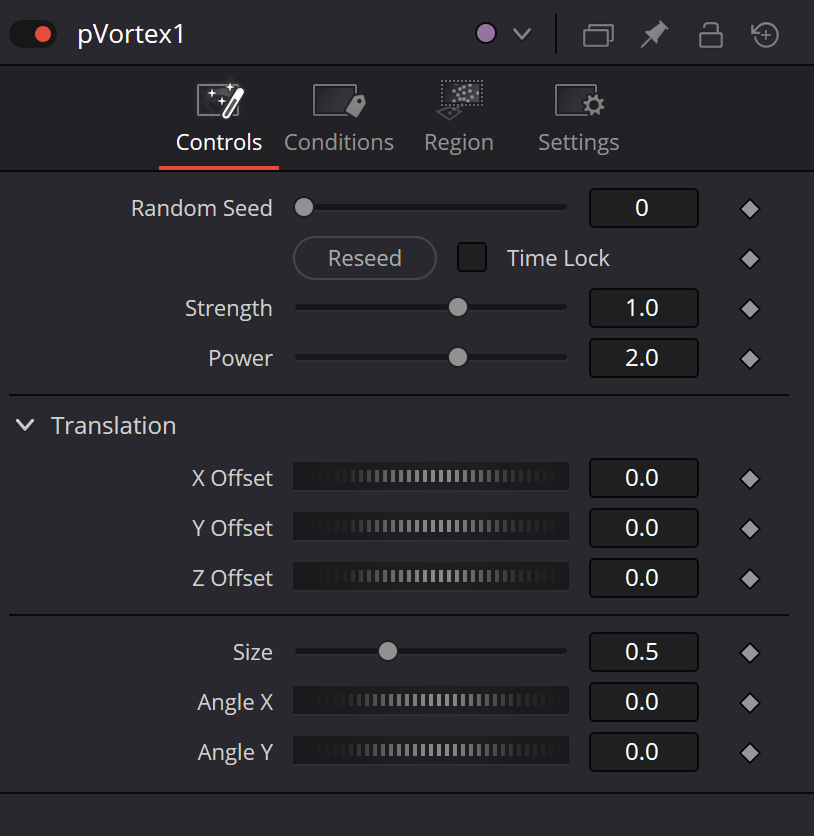 pVortex — real Resolve Controls Inspector with Random Seed, Strength, Power, Translation Offset, Size and Angle X/Y