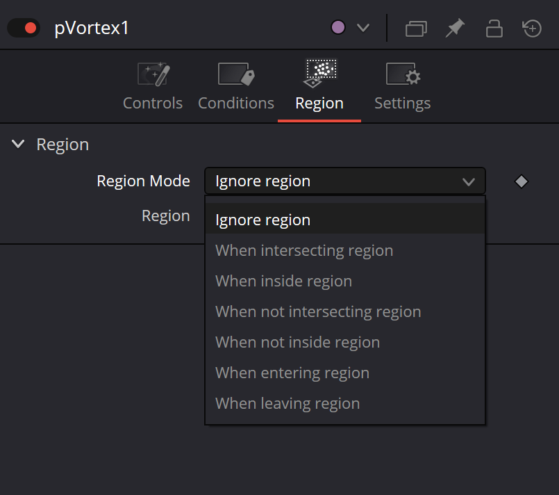 pVortex — real Resolve Region Mode dropdown with ignore/intersecting/inside/entering/leaving conditions