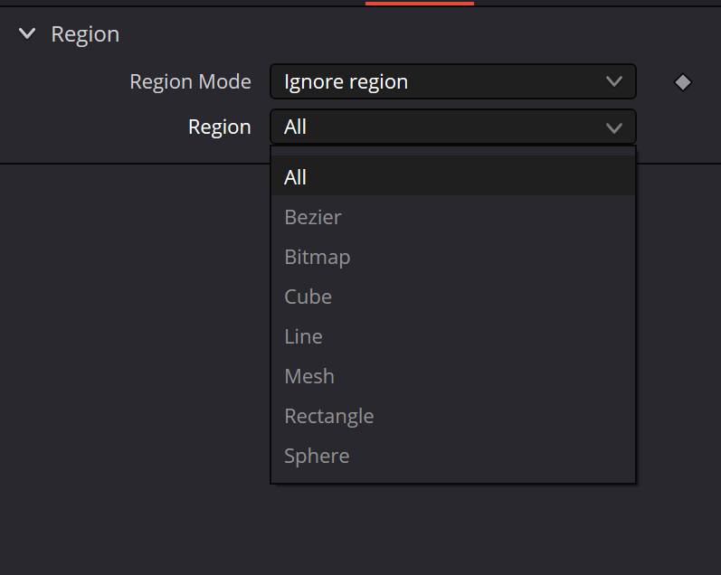 pVortex — real Resolve Region type dropdown with All, Bezier, Bitmap, Cube, Line, Mesh, Rectangle and Sphere