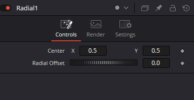 Radial — real Resolve 21 Controls Inspector with Center X/Y 0.5/0.5 and Radial Offset 0.0