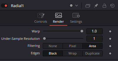 Radial — real Resolve 21 Render Inspector with Warp 1.0, Under-Sample Resolution 1, Filtering None/Pixel/Area and Edges Black/Wrap/Duplicate