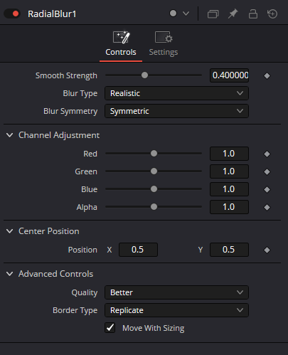 RadialBlur — полный Controls Inspector: Smooth Strength, Blur Type, Blur Symmetry, Channel Adjustment, Center Position, Quality, Border Type и Move With Sizing