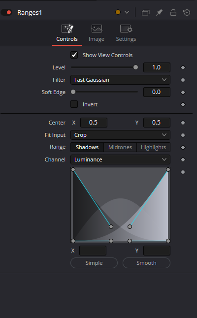 Ranges — реальный Controls Inspector: Show View Controls, Level, Filter, Soft Edge, Invert, Center, Fit Input, Range, Channel, spline display, selected X/Y и Simple/Smooth presets