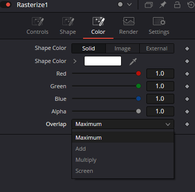 Rasterize — реальный Color tab: Shape Color Solid/Image/External, RGBA и Overlap Maximum/Add/Multiply/Screen