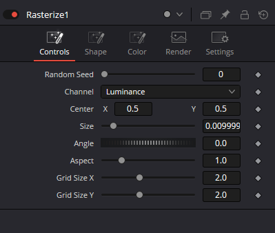 Rasterize — реальный Controls Inspector: Random Seed, Channel, Center X/Y, Size, Angle, Aspect, Grid Size X/Y