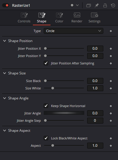 Rasterize — реальный Shape tab: Type, Jitter Position, Size Black/White, Keep Shape Horizontal, Jitter Angle, Lock Black/White Aspect, Shape Aspect