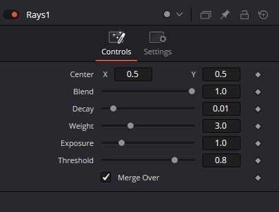 Rays · Controls: Center, Blend, Decay, Weight, Exposure, Threshold, Merge Over