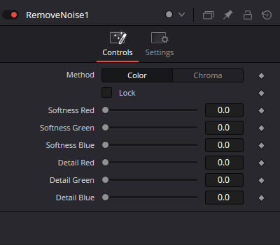 RemoveNoise — Controls: Method Color/Chroma, Lock, Softness RGB and Detail RGB