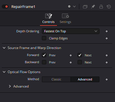 RepairFrame — Controls: Depth Ordering, Clamp Edges, Source Frame and Warp Direction, Optical Flow Options