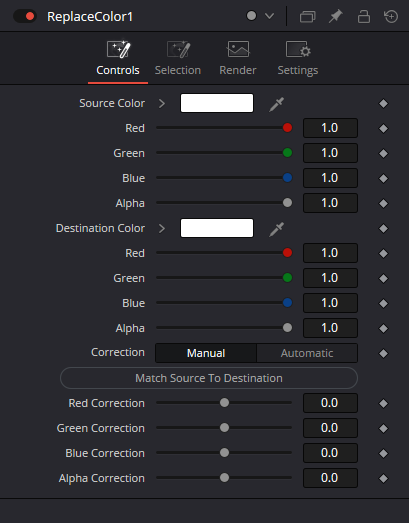 ReplaceColor — Controls: Source Color, Destination Color, Correction and channel corrections