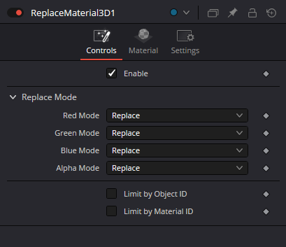 ReplaceMaterial3D current Controls with Enable, per-channel Replace Mode and ID-limit checkboxes