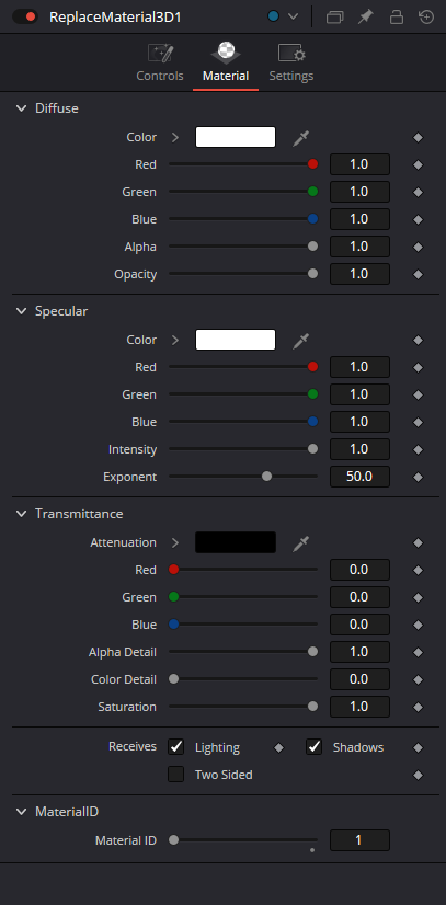 ReplaceMaterial3D built-in Material tab with Diffuse, Specular, Transmittance, lighting/shadow flags and MaterialID