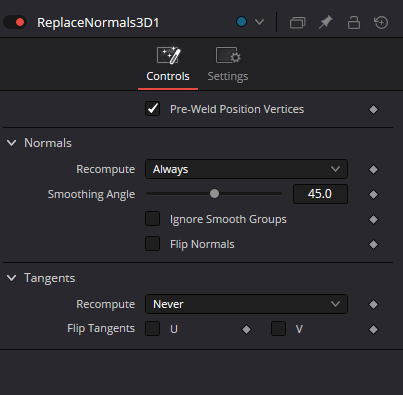 ReplaceNormals3D Controls with Pre-Weld, Normals and Tangents sections