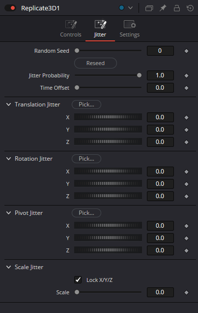 Replicate3D Jitter tab with Seed, Probability, Time Offset and transform variation