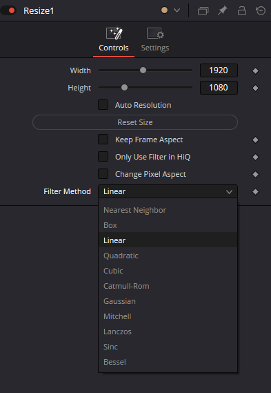 Resize — Controls: Width, Height, aspect options and Filter Method
