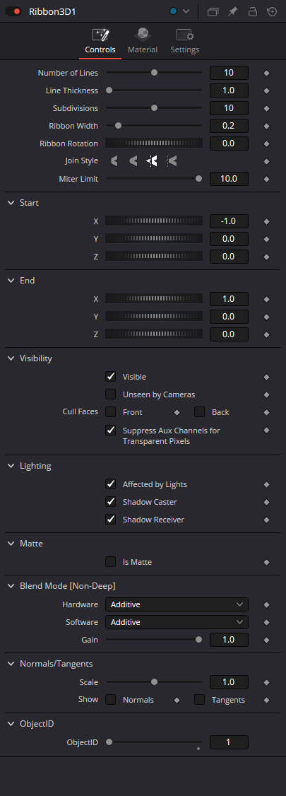 Ribbon3D current Controls with line count, thickness, subdivisions, width, rotation, Join Style and Miter Limit