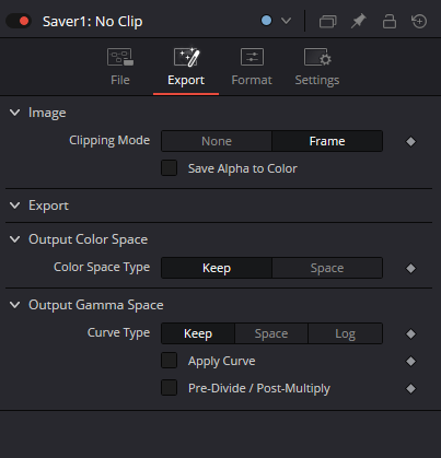 Saver — Export tab with Clipping Mode, Output Color Space and Output Gamma Space