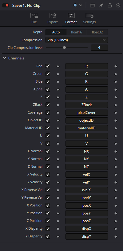 Saver — Format tab with Depth, Compression and Channels