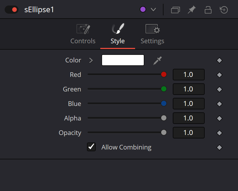 sEllipse · Style: RGBA, Opacity и Allow Combining