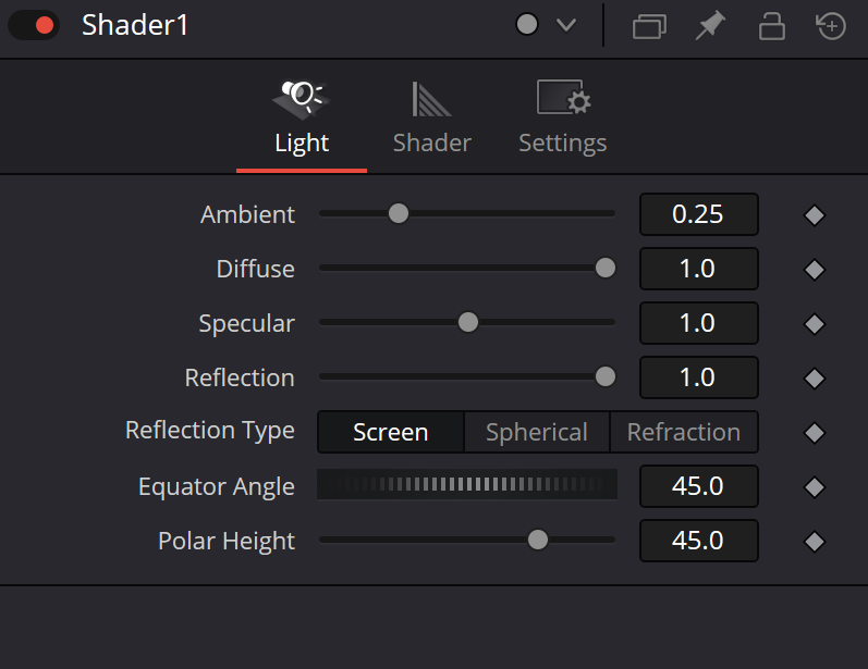 Shader · Light: коэффициенты, Reflection Type и направление света