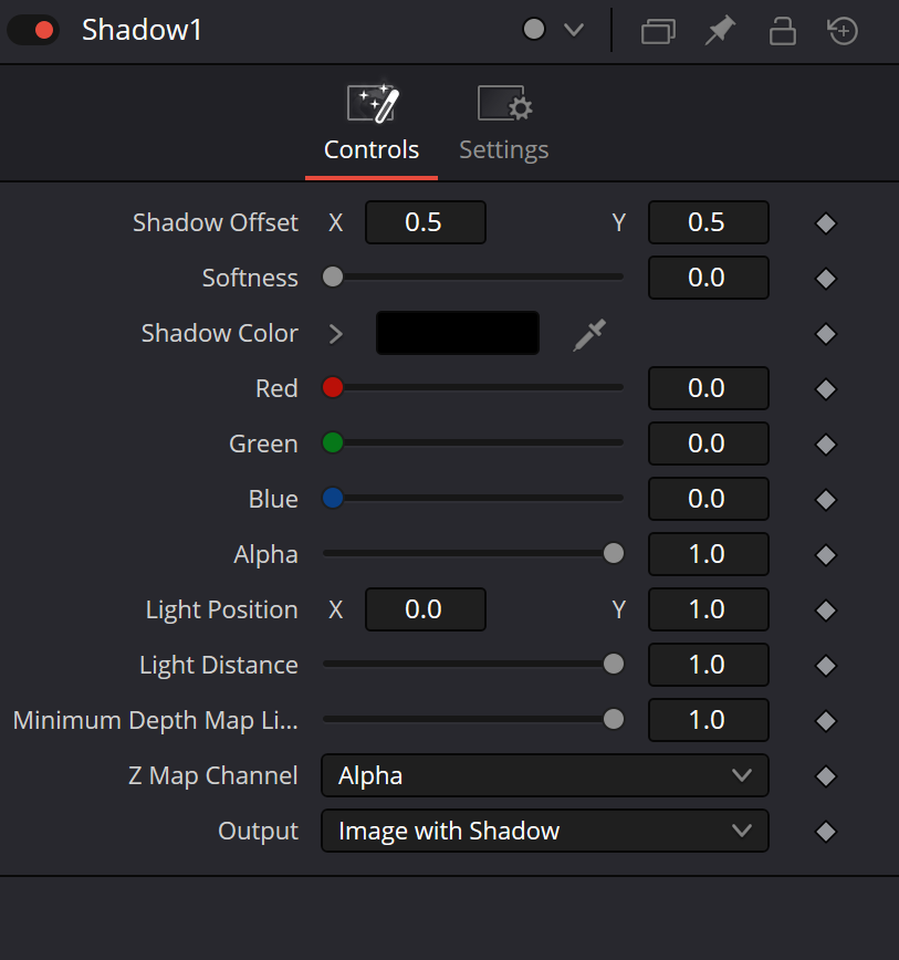 Shadow · Controls: положение, цвет, свет, depth и Output