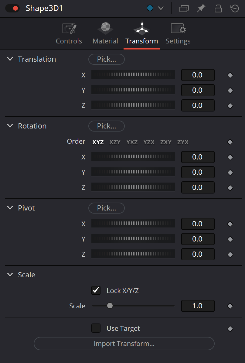 Shape3D Transform tab: Translation, Rotation, Pivot, Scale, Use Target and Import Transform