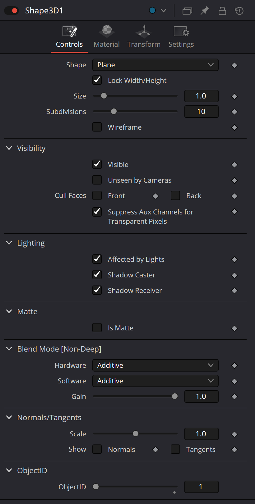 Shape3D Controls: primitive geometry, subdivisions, visibility, lighting, matte, blend, normals and ObjectID