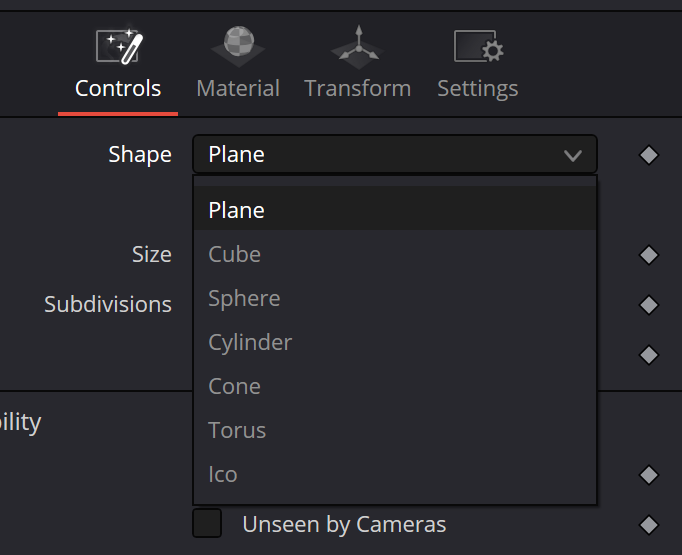 Shape3D Shape menu with Plane, Cube, Sphere, Cylinder, Cone, Torus and Ico