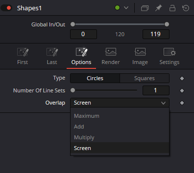 Shapes · Options: Circles/Squares, Number Of Line Sets 1 и меню Maximum/Add/Multiply/Screen
