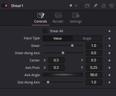 Shear real Resolve 21 Controls Inspector with Shear All, Value/Angle, Shear 1.0, Shear Along Axis 0.0, Center 0.5/0.5, Axis Pivot 0.5/0.25, Axis Angle 90 and Size Along Axis 1.0
